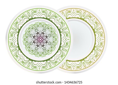 Set of 2 matching decorative plates for interior design. Empty dish, porcelain plate mock up design. Vector illustration.