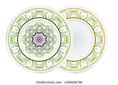 Set of 2 matching decorative plates for interior design. Empty dish, porcelain plate mock up design. Vector illustration.