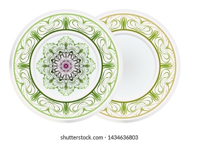 Set of 2 matching decorative plates for interior design. Empty dish, porcelain plate mock up design. Vector illustration.