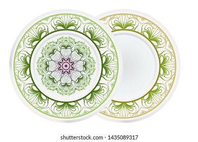 Set of 2 matching decorative plates for interior design. Empty dish, porcelain plate mock up design. Vector illustration.