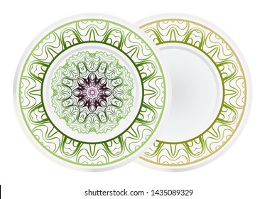 Set of 2 matching decorative plates for interior design. Empty dish, porcelain plate mock up design. Vector illustration.