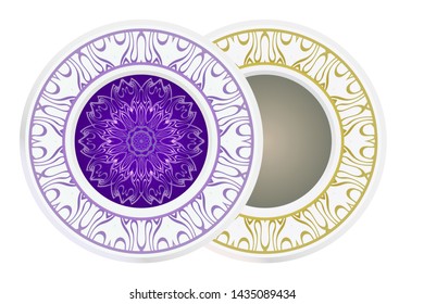 Set of 2 matching decorative plates for interior design. Empty dish, porcelain plate mock up design. Vector illustration. Decorative plates with Mandala ornament patterns. Home decor background