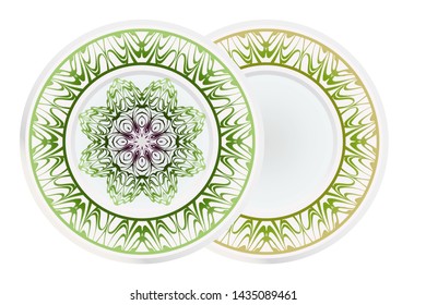 Set of 2 matching decorative plates for interior design. Empty dish, porcelain plate mock up design. Vector illustration.