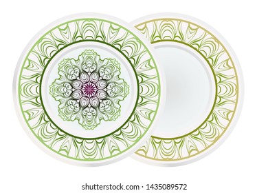 Set of 2 matching decorative plates for interior design. Empty dish, porcelain plate mock up design. Vector illustration.