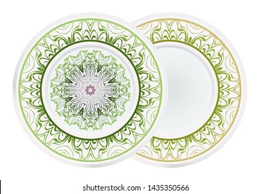 Set of 2 matching decorative plates for interior design. Empty dish, porcelain plate mock up design. Vector illustration.