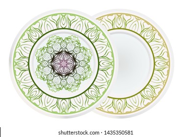 Set of 2 matching decorative plates for interior design. Empty dish, porcelain plate mock up design. Vector illustration.