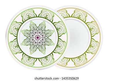 Set of 2 matching decorative plates for interior design. Empty dish, porcelain plate mock up design. Vector illustration.