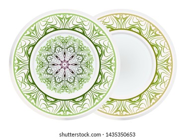 Set of 2 matching decorative plates for interior design. Empty dish, porcelain plate mock up design. Vector illustration.