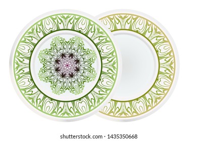 Set of 2 matching decorative plates for interior design. Empty dish, porcelain plate mock up design. Vector illustration.