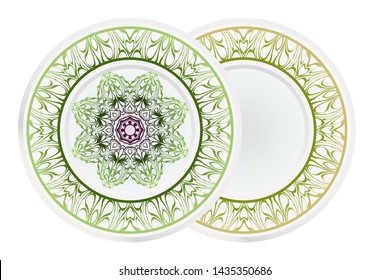 Set of 2 matching decorative plates for interior design. Empty dish, porcelain plate mock up design. Vector illustration.