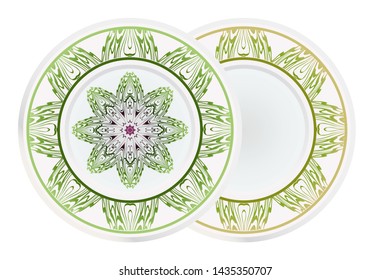 Set of 2 matching decorative plates for interior design. Empty dish, porcelain plate mock up design. Vector illustration.