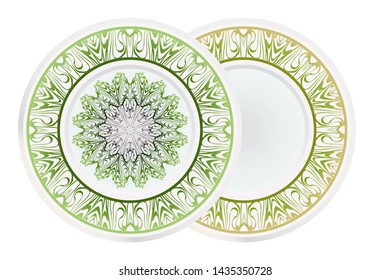 Set of 2 matching decorative plates for interior design. Empty dish, porcelain plate mock up design. Vector illustration.