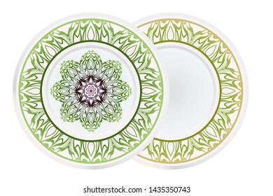 Set of 2 matching decorative plates for interior design. Empty dish, porcelain plate mock up design. Vector illustration.