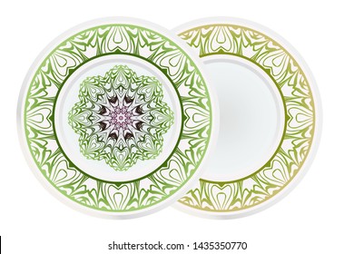 Set of 2 matching decorative plates for interior design. Empty dish, porcelain plate mock up design. Vector illustration.