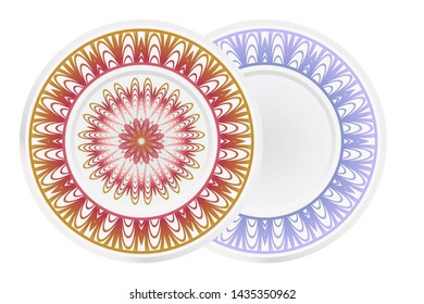 Set of 2 matching decorative plates for interior design. Empty dish, porcelain plate mock up design. Vector illustration. Decorative plates with Mandala ornament patterns. Home decor background