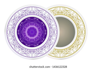 Set of 2 matching decorative plates for interior design. Empty dish, porcelain plate mock up design. Vector illustration. Decorative plates with Mandala ornament patterns. Home decor background