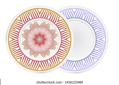 Set of 2 matching decorative plates for interior design. Empty dish, porcelain plate mock up design. Vector illustration. Decorative plates with Mandala ornament patterns. Home decor background