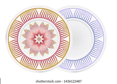 Set of 2 matching decorative plates for interior design. Empty dish, porcelain plate mock up design. Vector illustration. Decorative plates with Mandala ornament patterns. Home decor background