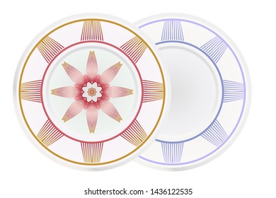 Set of 2 matching decorative plates for interior design. Empty dish, porcelain plate mock up design. Vector illustration. Decorative plates with Mandala ornament patterns. Home decor background