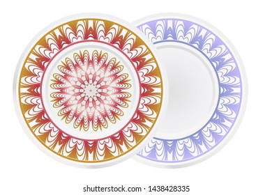 Set of 2 matching decorative plates for interior design. Empty dish, porcelain plate mock up design. Vector illustration. Decorative plates with Mandala ornament patterns. Home decor background