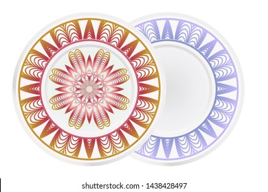 Set of 2 matching decorative plates for interior design. Empty dish, porcelain plate mock up design. Vector illustration. Decorative plates with Mandala ornament patterns. Home decor background