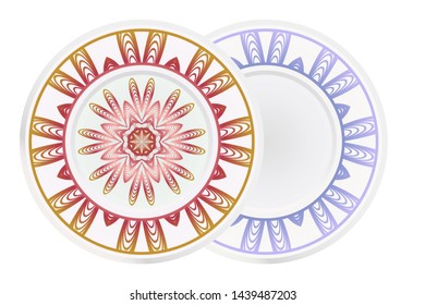 Set of 2 matching decorative plates for interior design. Empty dish, porcelain plate mock up design. Vector illustration. Decorative plates with Mandala ornament patterns. Home decor background