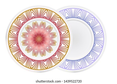 Set of 2 matching decorative plates for interior design. Empty dish, porcelain plate mock up design. Vector illustration. Decorative plates with Mandala ornament patterns. Home decor background