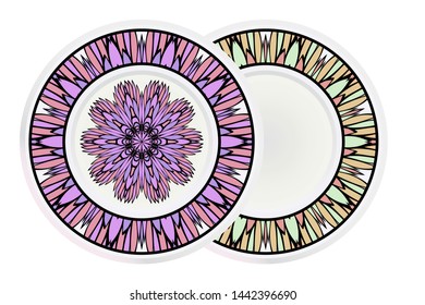 Set of 2 matching decorative plates for interior design. Empty dish, porcelain plate mock up design. Vector illustration.