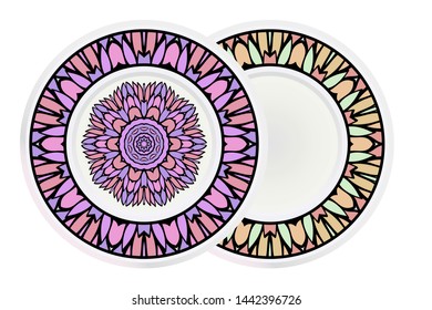 Set of 2 matching decorative plates for interior design. Empty dish, porcelain plate mock up design. Vector illustration.