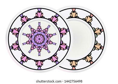 Set of 2 matching decorative plates for interior design. Empty dish, porcelain plate mock up design. Vector illustration.