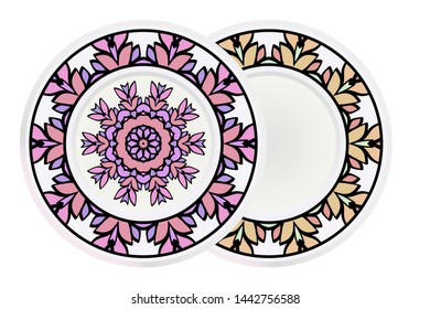 Set of 2 matching decorative plates for interior design. Empty dish, porcelain plate mock up design. Vector illustration.