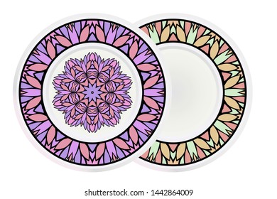 Set of 2 matching decorative plates for interior design. Empty dish, porcelain plate mock up design. Vector illustration.