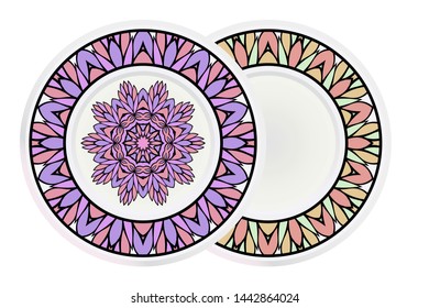 Set of 2 matching decorative plates for interior design. Empty dish, porcelain plate mock up design. Vector illustration.