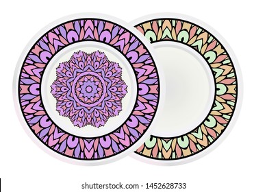 Set of 2 matching decorative plates for interior design. Empty dish, porcelain plate mock up design. Vector illustration.