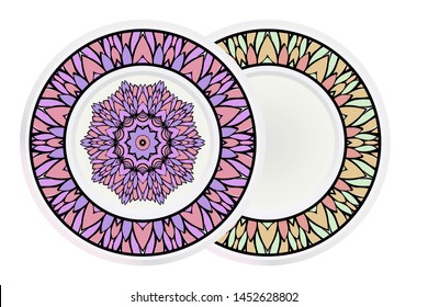 Set of 2 matching decorative plates for interior design. Empty dish, porcelain plate mock up design. Vector illustration.