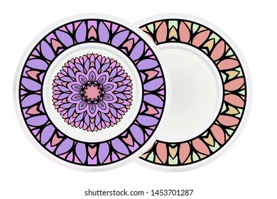 Set of 2 matching decorative plates for interior design. Empty dish, porcelain plate mock up design. Vector illustration.