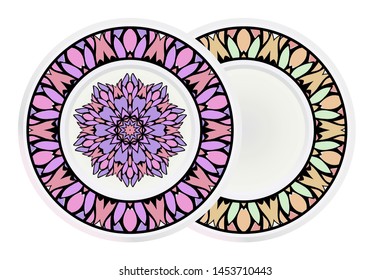Set of 2 matching decorative plates for interior design. Empty dish, porcelain plate mock up design. Vector illustration.