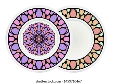 Set of 2 matching decorative plates for interior design. Empty dish, porcelain plate mock up design. Vector illustration.