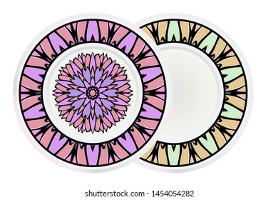 Set of 2 matching decorative plates for interior design. Empty dish, porcelain plate mock up design. Vector illustration.