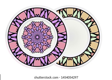 Set of 2 matching decorative plates for interior design. Empty dish, porcelain plate mock up design. Vector illustration.