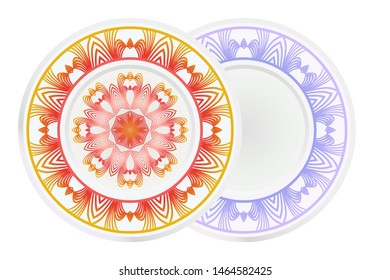 Set of 2 matching decorative plates for interior design. Empty dish, porcelain plate mock up design. Vector illustration. Decorative plates with Mandala ornament patterns. Home decor background