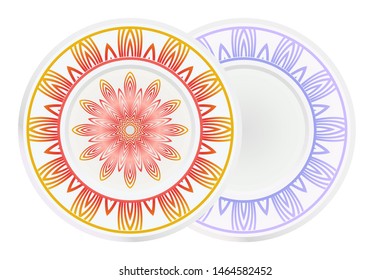 Set of 2 matching decorative plates for interior design. Empty dish, porcelain plate mock up design. Vector illustration. Decorative plates with Mandala ornament patterns. Home decor background