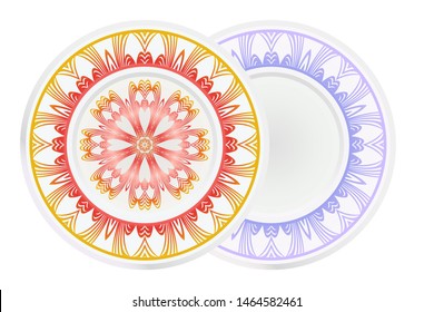 Set of 2 matching decorative plates for interior design. Empty dish, porcelain plate mock up design. Vector illustration. Decorative plates with Mandala ornament patterns. Home decor background