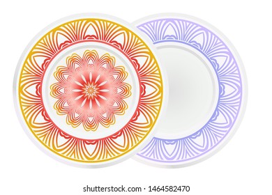 Set of 2 matching decorative plates for interior design. Empty dish, porcelain plate mock up design. Vector illustration. Decorative plates with Mandala ornament patterns. Home decor background