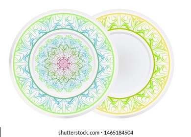 Set of 2 matching decorative plates for interior design. Empty dish, porcelain plate mock up design. Vector illustration.