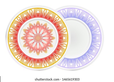 Set of 2 matching decorative plates for interior design. Empty dish, porcelain plate mock up design. Vector illustration. Decorative plates with Mandala ornament patterns. Home decor background