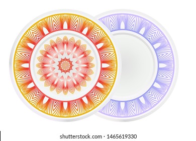 Set of 2 matching decorative plates for interior design. Empty dish, porcelain plate mock up design. Vector illustration. Decorative plates with Mandala ornament patterns. Home decor background
