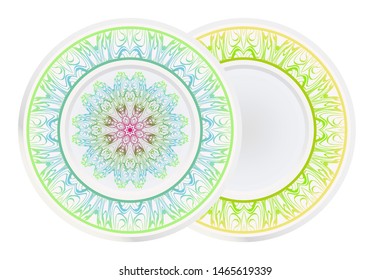 Set of 2 matching decorative plates for interior design. Empty dish, porcelain plate mock up design. Vector illustration.