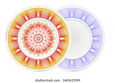 Set of 2 matching decorative plates for interior design. Empty dish, porcelain plate mock up design. Vector illustration. Decorative plates with Mandala ornament patterns. Home decor background
