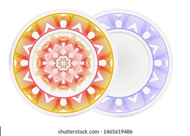 Set of 2 matching decorative plates for interior design. Empty dish, porcelain plate mock up design. Vector illustration. Decorative plates with Mandala ornament patterns. Home decor background